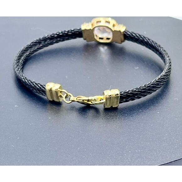 Black Stainless Steel Twisted Cable Bangle Sparkling Faceted  Cushion Cut CZ - Picture 5 of 8